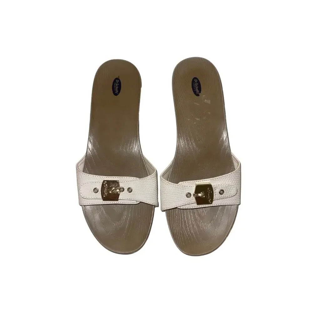 Dr. Scholls Classic White Wedge Buckle Slides Sandal Clogs SZ 9 Summer Boho Chic